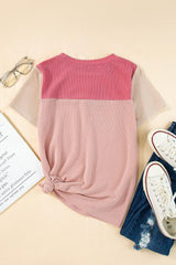 Pink Rib Textured Colorblock T Shirt - Ninonine