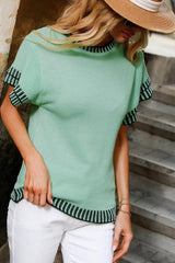 Mint Green Contrast Trim Round Neck Batwing Sleeve Knitted T Shirt