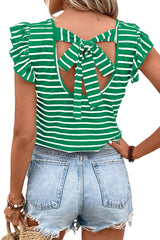 Green Stripe V Neck Knotted Backless Ruffle T Shirt