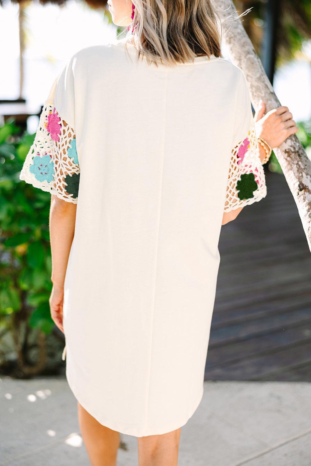 White Floral Crochet Splicing Sleeve T-shirt Dress - Ninonine