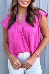 Bright Pink Frill V Neck Splicing Pleated Blouse