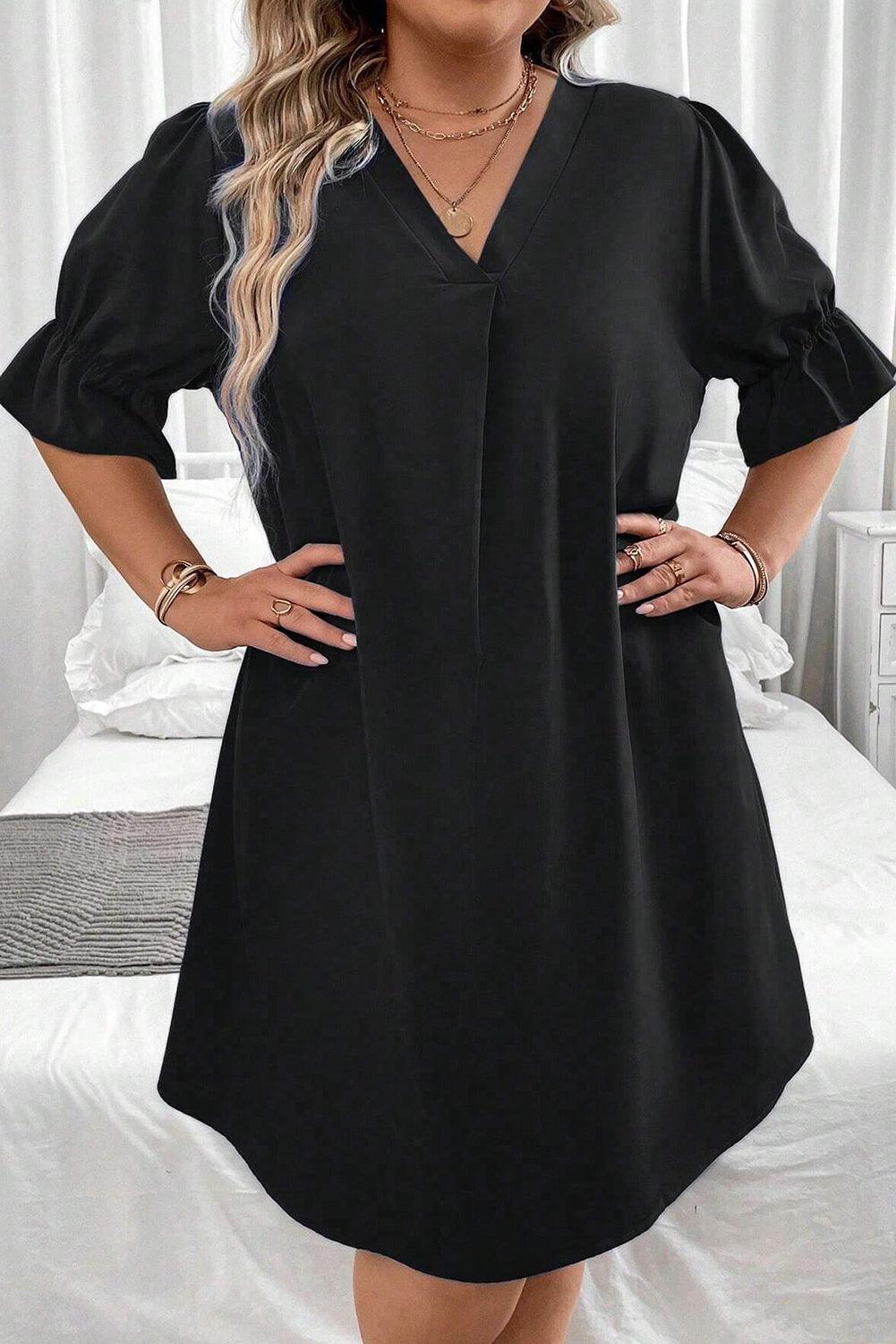 Black Ruffled Puff Sleeve V Neck Plus Size Mini Dress