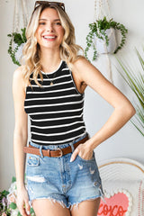 Black Striped Crew Neck Casual Ribbed Tank Top
