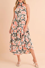 Black Knotted Halter Floral Print Ruffle Tiered Maxi Dress