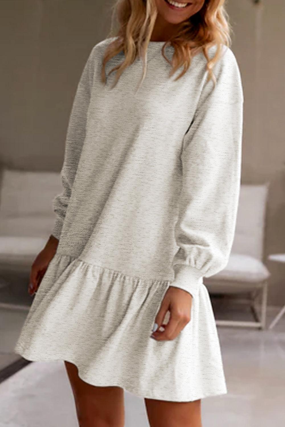 White Solid Color Ruffle Hem Mini Sweatshirt Dress - Ninonine