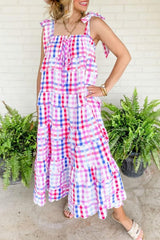 Multicolour Plaid Sleeveless Ruffle Tiered Maxi Dress - Ninonine