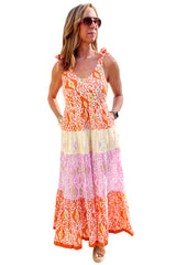 Orange Knotted Straps Leopard Colorblock Tiered Dress