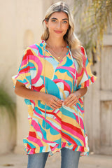 Multicolor Abstract Print Ruffle Trim Tunic Blouse