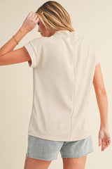 Oatmeal Solid Color Short Sleeve Zip Back Blouse