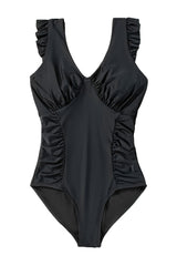 Black Ruched Frill Sleeveless One Piece Swimsuit