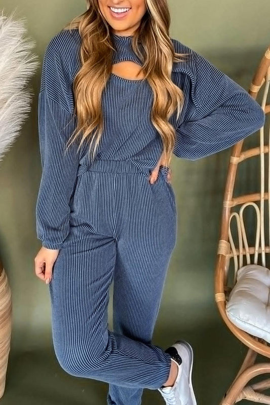Dark Blue Striped Cutout Chest Top and Pants Set