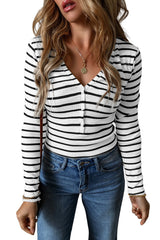 White Stripe Slim Fit Buttoned V Neck Long Sleeve Top