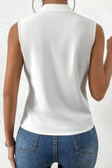 White Solid Color Wrapped Notched V Neck Sleeveless Shirt