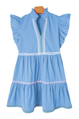 Beau Blue Flutter Sleeve V Neck Ric Rac Tiered Dress