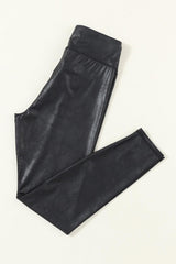 Black Crossed Dip Waist Sleek Leather Leggings - Ninonine