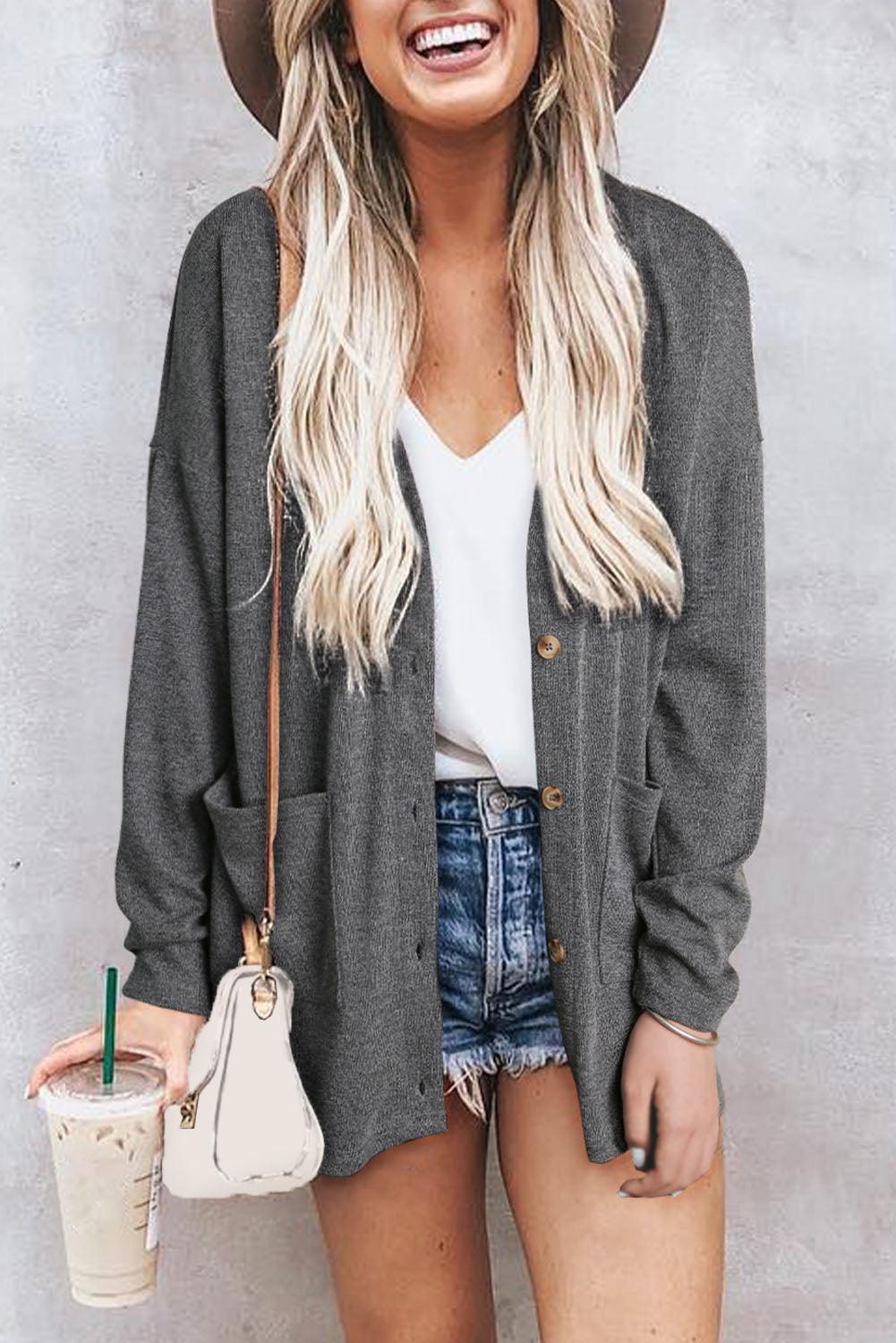 Grey Pocketed Casual Button Front Knit Cardigan - Ninonine