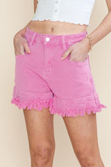 Pink Casual Raw Hem Mid Rise Denim Shorts