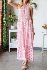 Pink Abstract Print Patchwork Sleeveless V Neck Tiered Dress