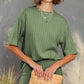 Green Ribbed Knit Drop Shoulder T Shirt & Shorts Two Piece Shorts Sets