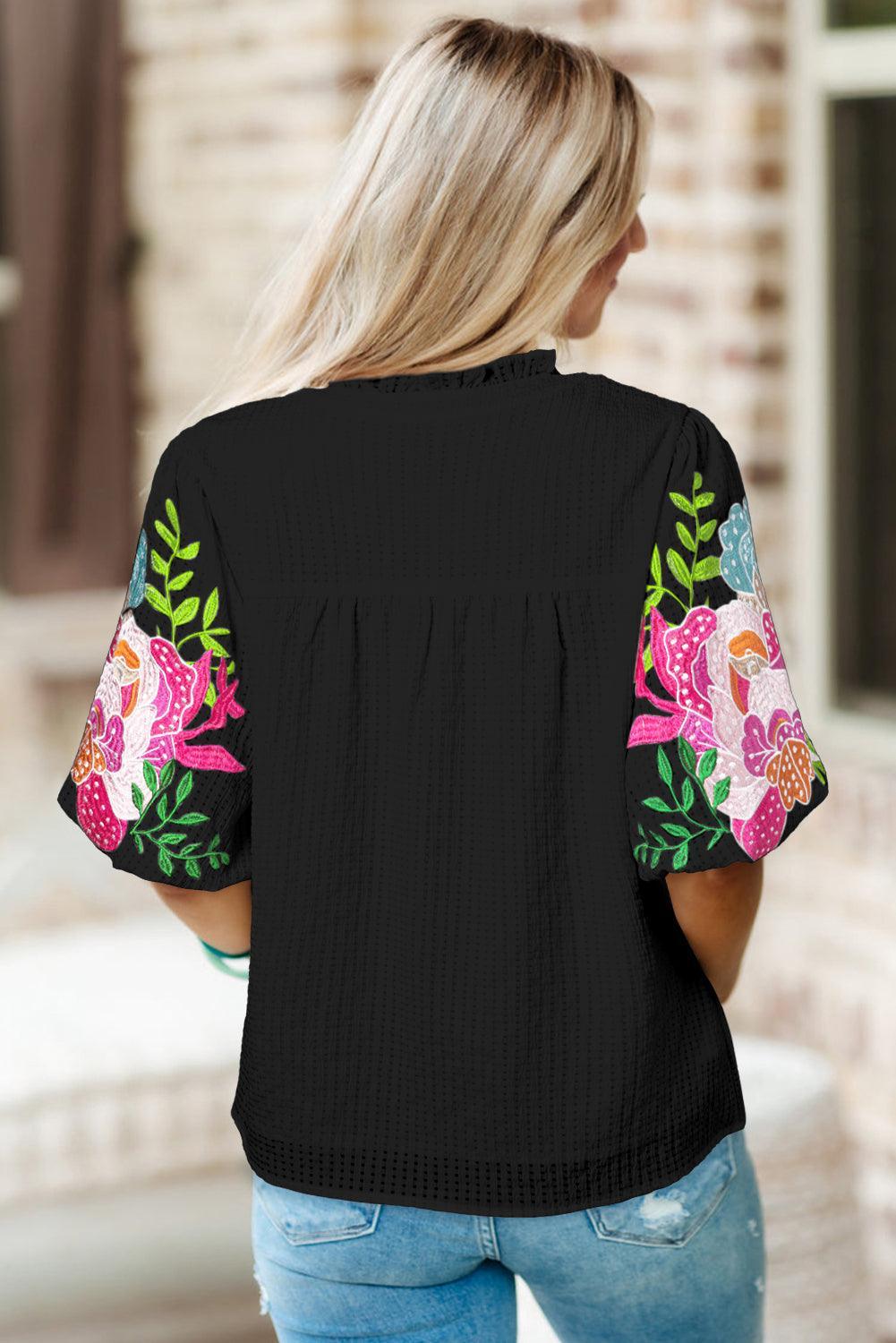 Black Floral Embroidered Puff Sleeve Notched Neck Blouse - Ninonine