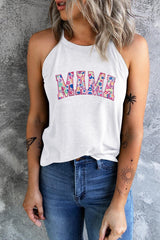 White Chic Leopard MAMA Letter Graphic Halter Tank Top