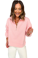 Light Pink Solid Textured Half Zipper Collared Sweatshirt