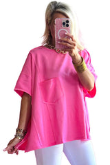Bright Pink Patched Pocket Exposed Seam Oversize T-shirt