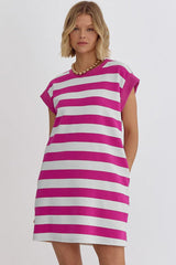 Rose Stripe Cap Sleeve Pocketed T-shirt Dress