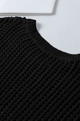 Black Fishnet Knit Ribbed Round Neck Short Sleeve Tee