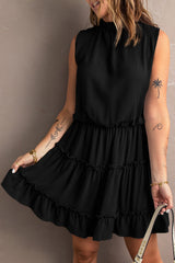 Black Reversible Frill V Neck Sleeveless Swing Mini Dress
