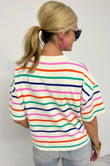 Beige Stripe Dropped Short Sleeve Loose Fit Knitted Top