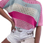 Pink Knitted Eyelet Colorblock Striped Half Sleeves Top