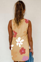 Apricot Flower Print Crew Neck Sleeveless Mini Dress