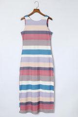 Multicolor Stripe Print Slit Tank Maxi Dress