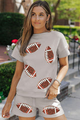 Gray Textured Sequin Rugby Graphic T Shirt and Shorts Set