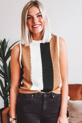 Khaki Stripe Color Block Sleeveless Knitted Top