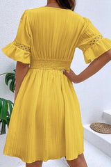 Yellow Cream Solid Lace Patchwork V Neck Waist Slimming Short Dresses