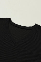 Black Ribbed V Neck Pocket Drop Sleeve T-Shirt