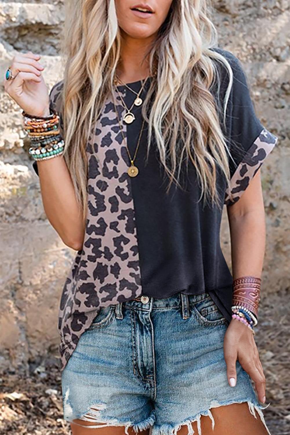 Black Leopard Print Color Block Rolled Up Sleeve Casual T Shirt