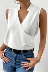 White Solid Color Wrapped Notched V Neck Sleeveless Shirt