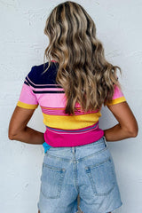 Pink Mixed Striped Ribbed Knit Short Sleeve Shirt - Ninonine