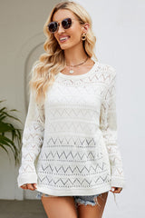 White Knit Hollow Out Round Neck Long Sleeve Top