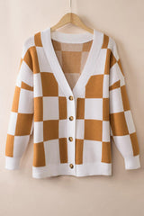 Brown Colorblock Plaid Ribbed Knit Button Up Cardigan - Ninonine