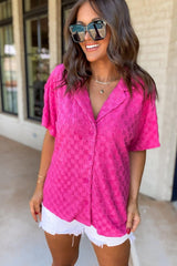 Bright Pink Lapel Neck Checkered Textured Shirt - Ninonine