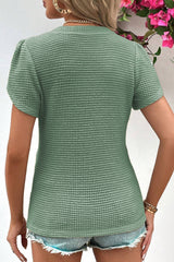 Mist Green Tulip Sleeve Waffle Knit V Neck T-Shirt