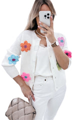 White Cute Flower Pattern Button-Up Cardigan