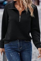 Black Solid Color Half Zipper Quilted Pullover Sweatshirt