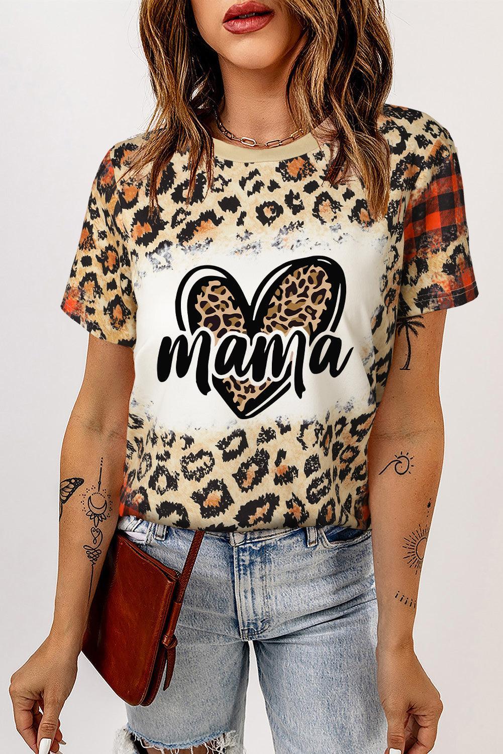Leopard Mama Heart Shaped Plaid Graphic Crew Neck T Shirt - Ninonine