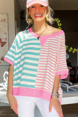 Pink Striped Colorblock Oversized T Shirt