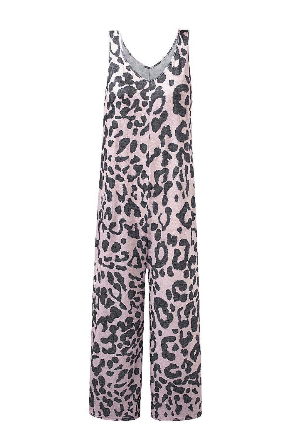 Leopard Print Pockets Sleeveless Wide Leg Jumpsuit - Ninonine